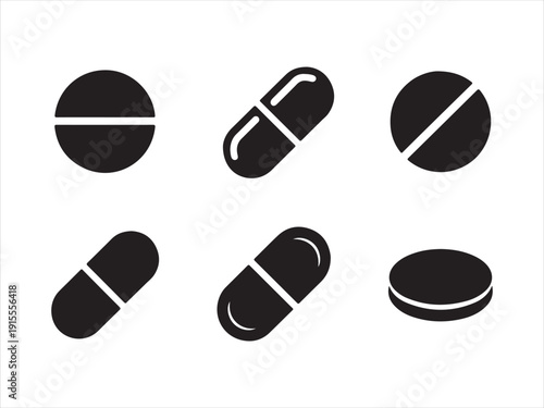 Medicine Pills and Capsules Silhouette Icon Set, Silhouette icon set of pills and capsules in multiple shapes. vector illustration