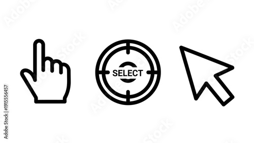 User Interface Navigation Icons: Hand Pointer, Select Target, and Arrow Cursor for Digital Interaction and Website Design