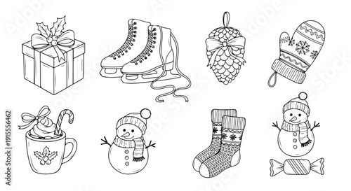 Winter holiday items including gifts, sweaters, and festive decorations Vector