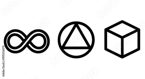 Abstract Geometric Symbols Icons: Infinity Loop, Triangle, and Cube Shapes Representing Concepts and Dimensions