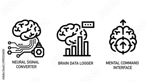 Brain-Computer Interface and Neurotechnology Icons: Neural Signal Converter, Data Logger, and Mental Command for AI and Robotics