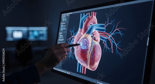 Person interacting with digital human heart model on large computer screen with stylus anatomy medical