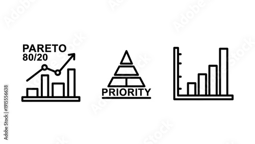Business Data Analysis and Strategy Icons: Pareto Principle, Priority Pyramid, and Bar Chart for Performance Metrics