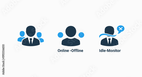 Modern flat icons for user management, online presence, group status, and activity monitoring in digital applications.