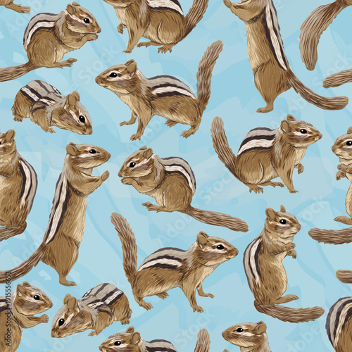 Seamless pattern with chipmunks on blue background. Realistic Siberian chipmunk vector illustration set with various squirrel poses