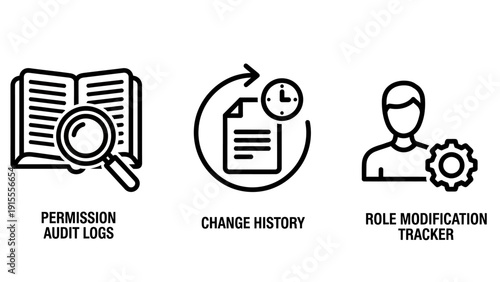 Outline icons for permission audit logs, change history tracking, and role modification monitoring in secure administrative systems.