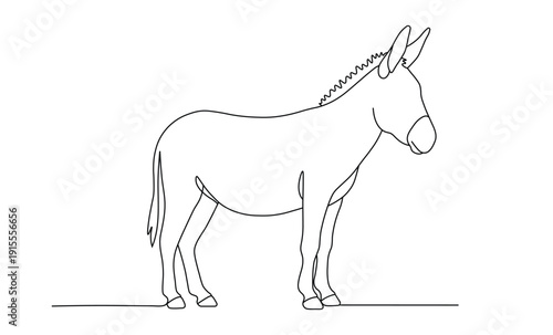 Donkey standing still in farm pastures with continuous line art profile and long tall ears