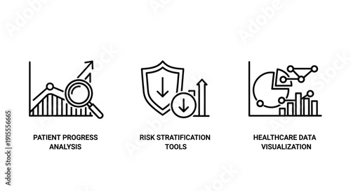 Outline icons representing healthcare data analysis, patient progress tracking, risk stratification, and medical information visualization tools.