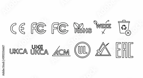 A collection of various certification and compliance logos from around the world Vector