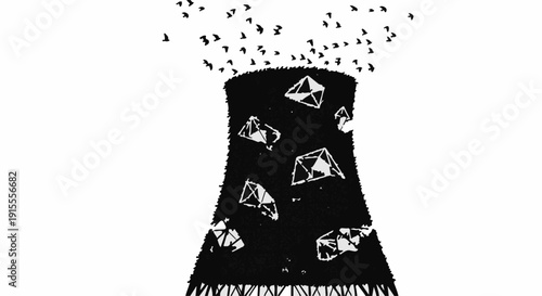 Abstract industrial cooling tower with scattered geometric shapes and flock of birds above.