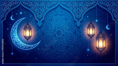 Intricate Blue Islamic Background with Patterned Crescent and Lanterns