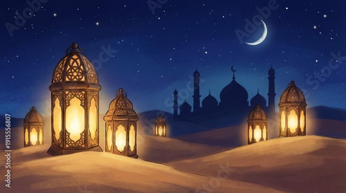 Luminous Ramadan Lanterns and Mosque Silhouette in a Desert Night