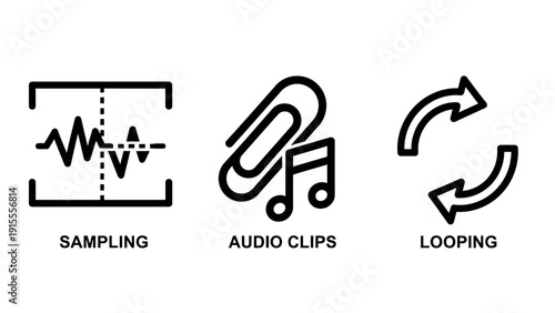 Black and White Vector Icons Representing Audio Sampling, Sound Clips, and Looping Processes in Music Production