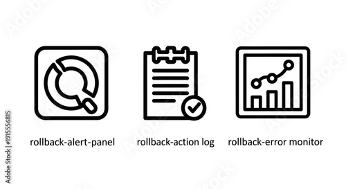 Outline Icons for Rollback Operations and IT System Monitoring: Alert Panel, Action Log, and Error Monitor on White Background