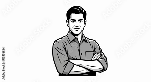 Confident man in collared shirt, arms crossed, smiling warmly