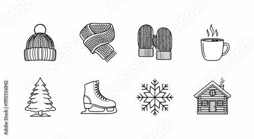 Winter activities and items depicted in a simple line art illustration Vector