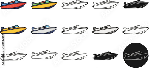 Collection of speedboats in various colorful and monochrome styles
