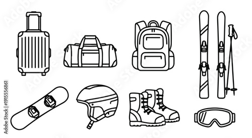 A variety of sports equipment including skis, a snowboard, and protective gear Vector