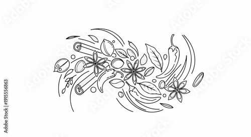 Collection of spices, including star anise, cinnamon, chili peppers, and leaves