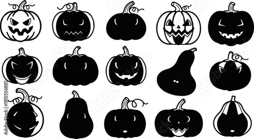 Collection of stylized black and white pumpkins for Halloween