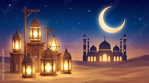 Luminous Ramadan Lanterns and Mosque Silhouette in a Desert Night