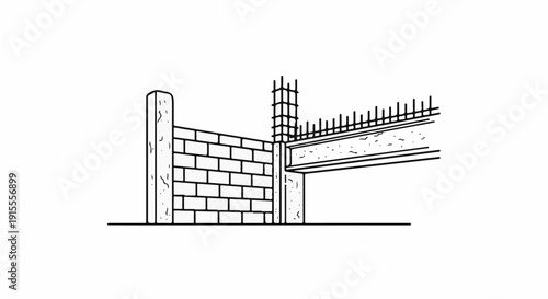 Construction detail showing a brick wall, concrete pillar, and rebar-reinforced beam