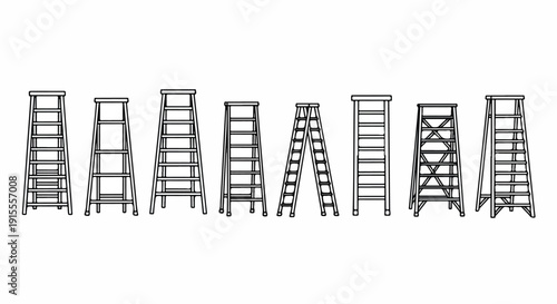 Assorted ladders and step stools arranged in a row for comparison and selection. Vector