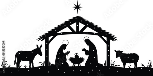 Black silhouette illustration of nativity scene with stable, baby in manger, Mary, Joseph, star of Bethlehem, donkey, and sheep, perfect for Christmas, religion, design, and educational concepts.