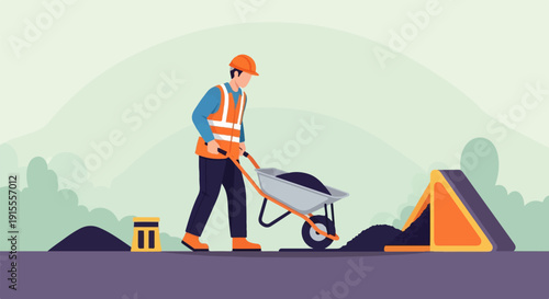 Construction worker pushing a wheelbarrow full of material at a site