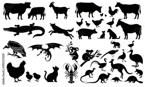 Collection of various animal silhouettes including mammals birds reptiles and insects on transparent background