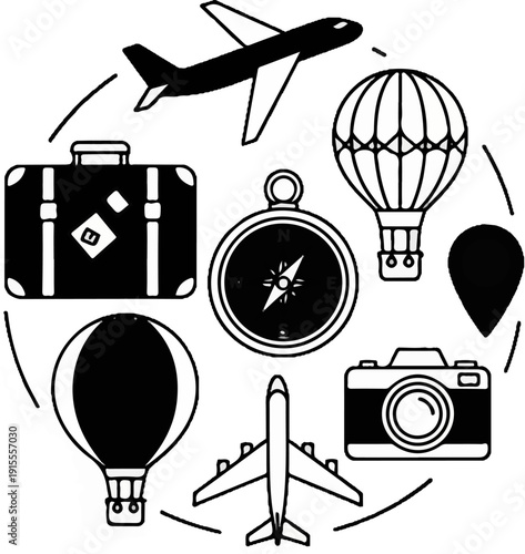 Collection of travel icons airplane, hot air balloon, suitcase, compass, camera, pin