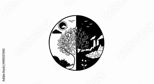 Circular image contrasting nature with industry, showing a tree split