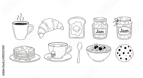 A delightful assortment of breakfast items including croissants, jam, and coffee. Vector