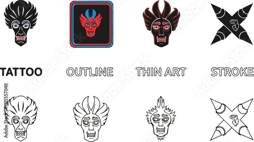 Collection of tribal masks and symbolic X shapes in various art styles
