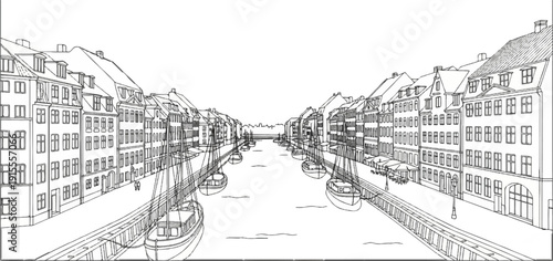 Canal lined with old buildings and boats in a sketch style