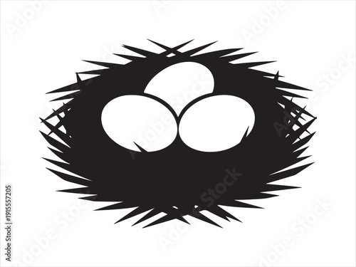 Bird nest black illustration, Black silhouette of bird nest with three eggs vector illustration isolated on white background