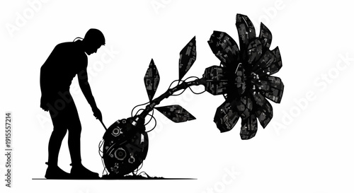 Person tending to a futuristic mechanical flower, symbolizing technological growth and innovation.