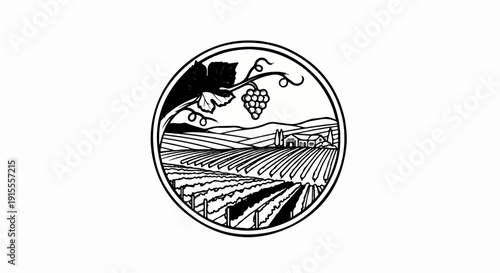 Circular emblem of a vineyard with rolling hills and buildings
