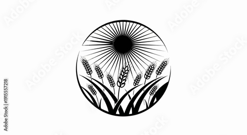 Circular emblem with radiant sun above growing wheat stalks and leaves