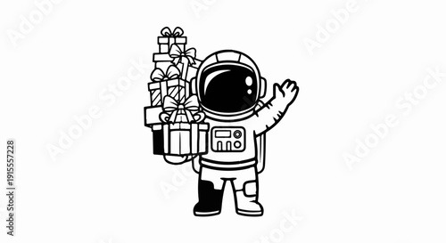 Cartoon astronaut holding stack of wrapped gifts, waving