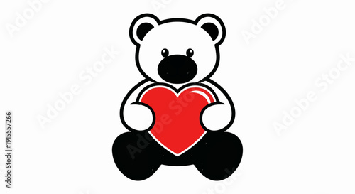 Cartoon bear with heart, black outline, white fur, red heart