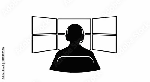 Operator wearing headset watches multiple screens in a dark control room