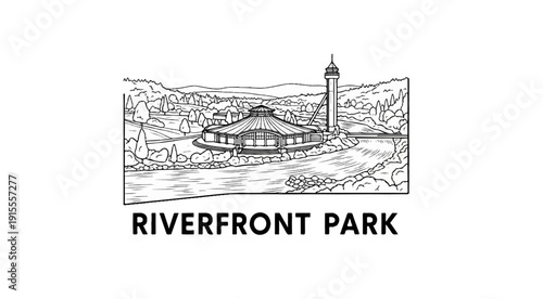 Circular building with tower beside a winding river and trees