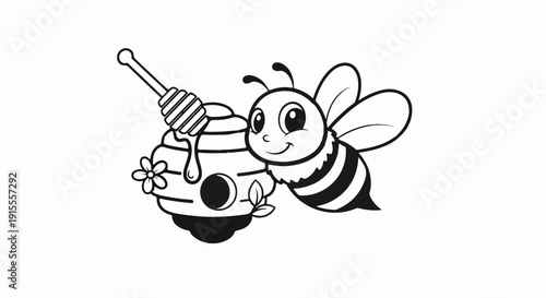 Cartoon bee with honey dipper and beehive, dripping with honey