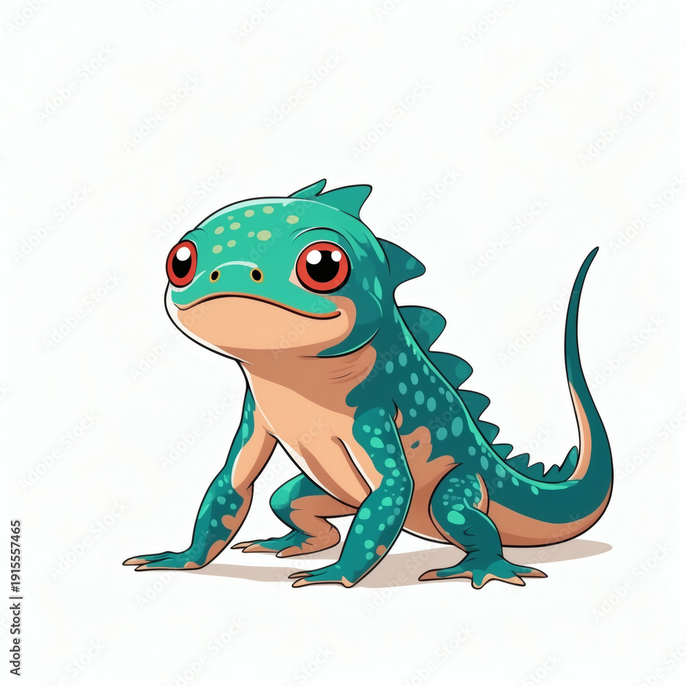 Obraz premium Colorful cartoon lizard with bright eyes and spiky back sitting playfully on a white background in a whimsical style