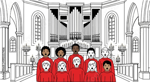 Cartoon choir of diverse children singing in a church with an organ