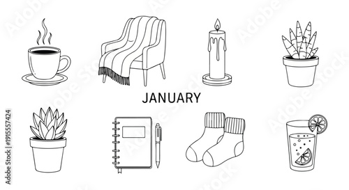 Illustrations of cozy indoor activities and items for the month of january Vector