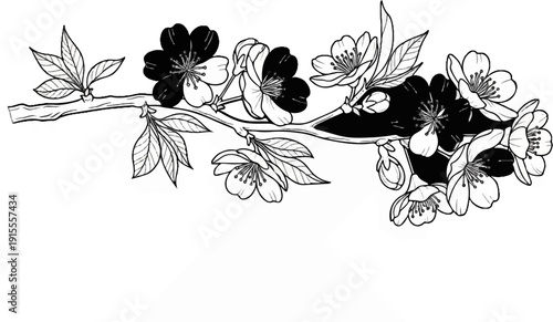 Branch with delicate blossoms, some dark, some light, and leaves