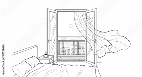 Breezy morning with a view from an open bedroom door