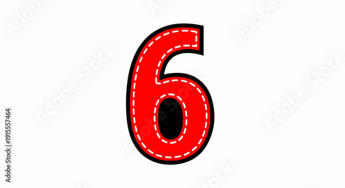 Bright red number six with dashed white stitching and black outline